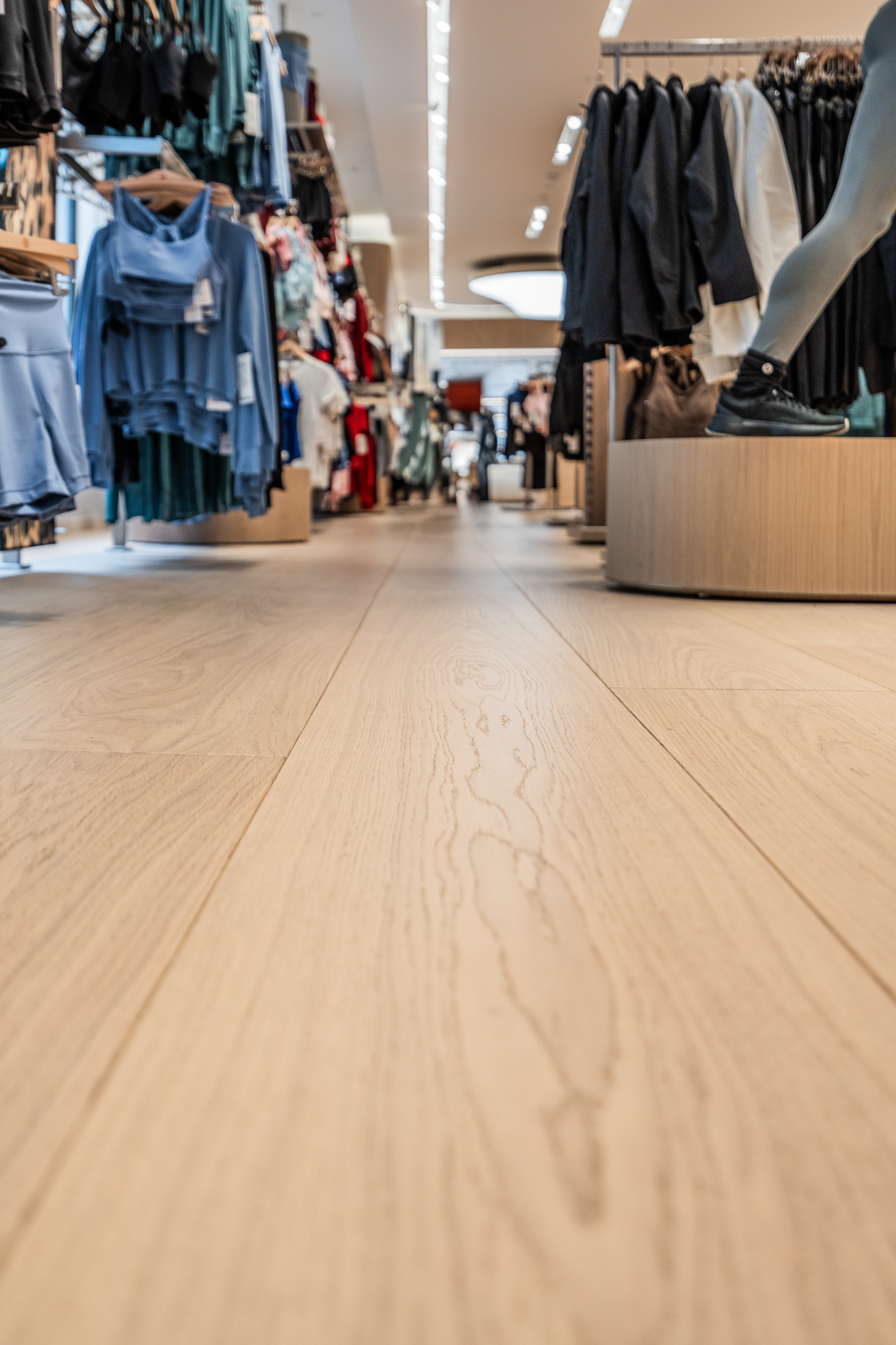Custom wood floor installation by PID Floors at lululemon SoHo flagship retail destination