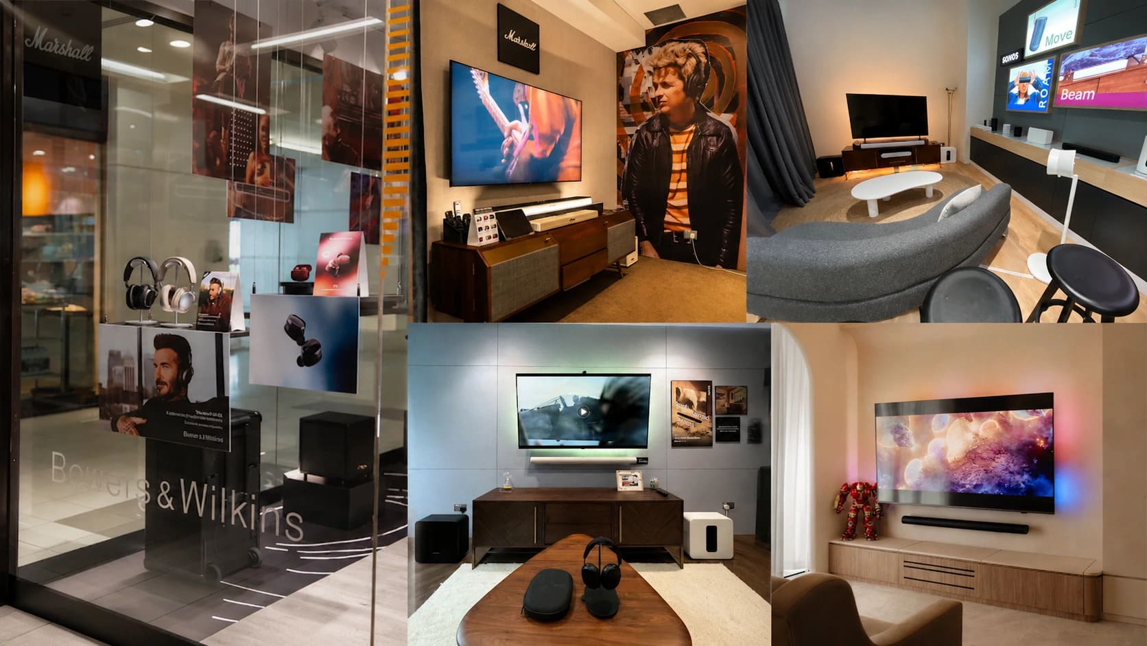 Bowers & Wilkins, Sonos and Marshall premium audio systems displayed at TC Acoustic showroom Singapore for listening experience