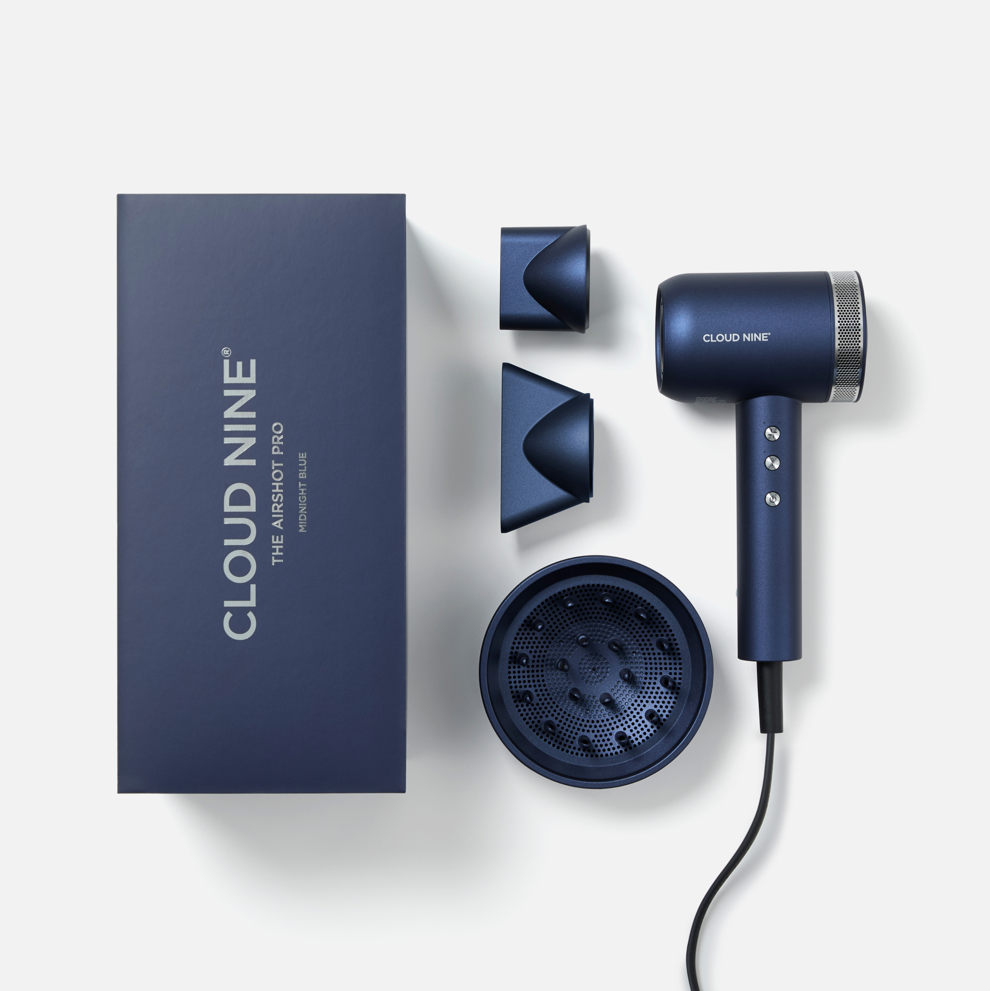 Cloud Nine Airshot Pro hair dryer in Midnight Blue with Diffuser attachment, Two Nozzle attachments and box