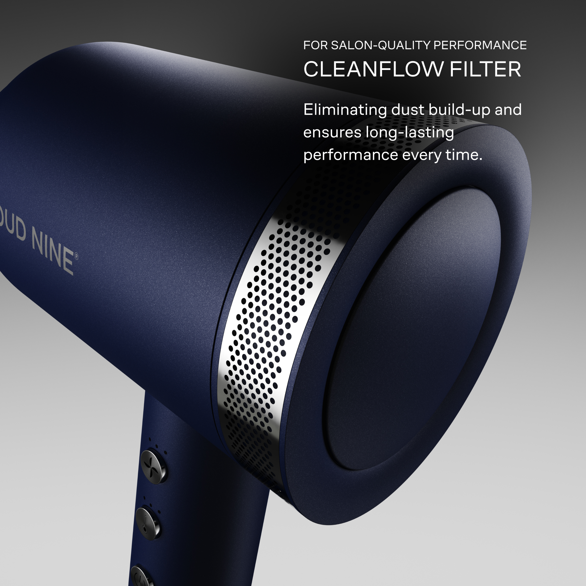 Close up of Cloud Nine Airshot Pro hair dryer in Midnight Blue - showing Cleanflow filter on the back of the dryer that elimates dust build-up and ensure long-lasting performance.