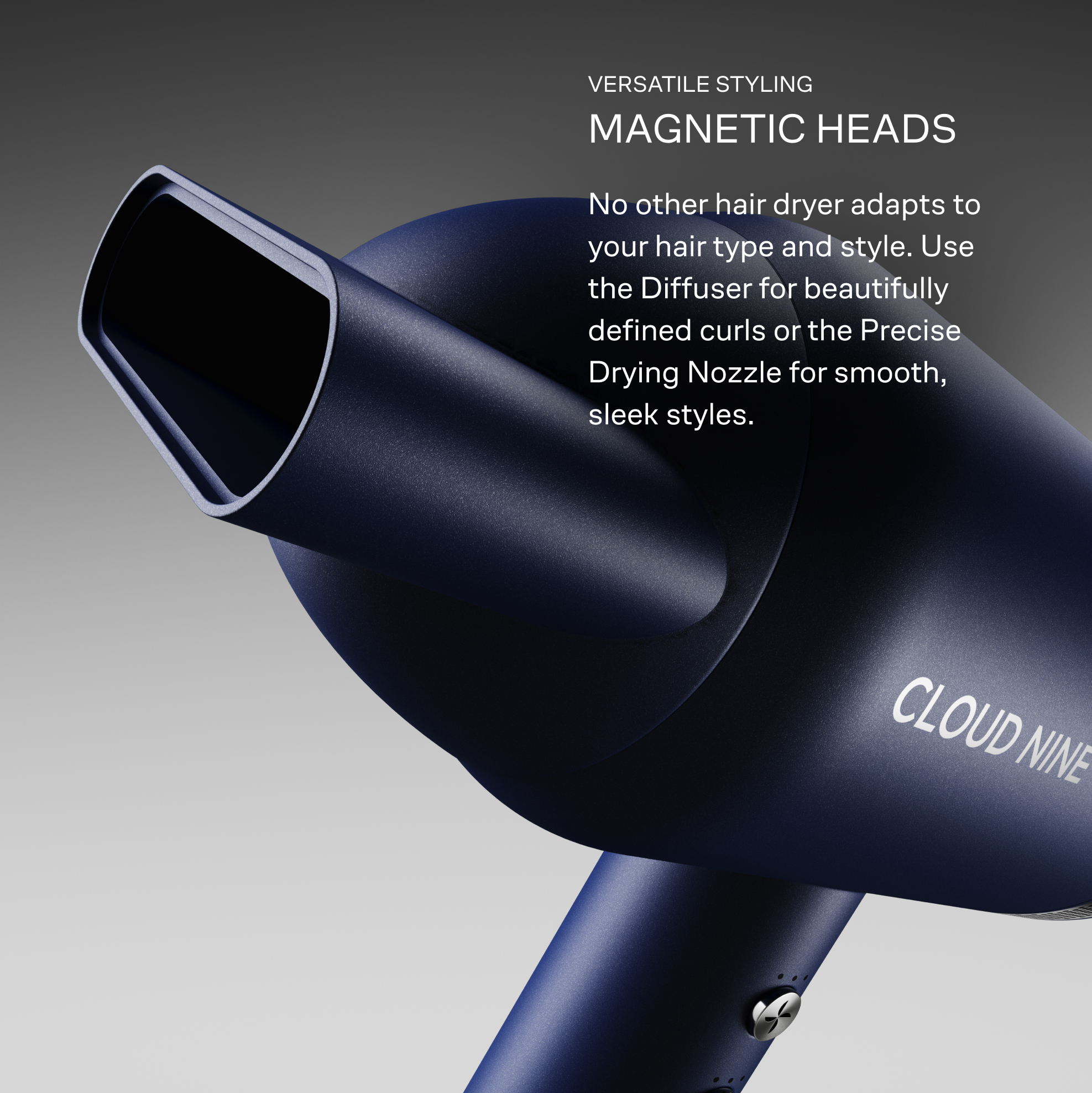 Close up of Cloud Nine Airshot Pro hair dryer in Midnight Blue - showing magnetic heads on the front of the dryer.