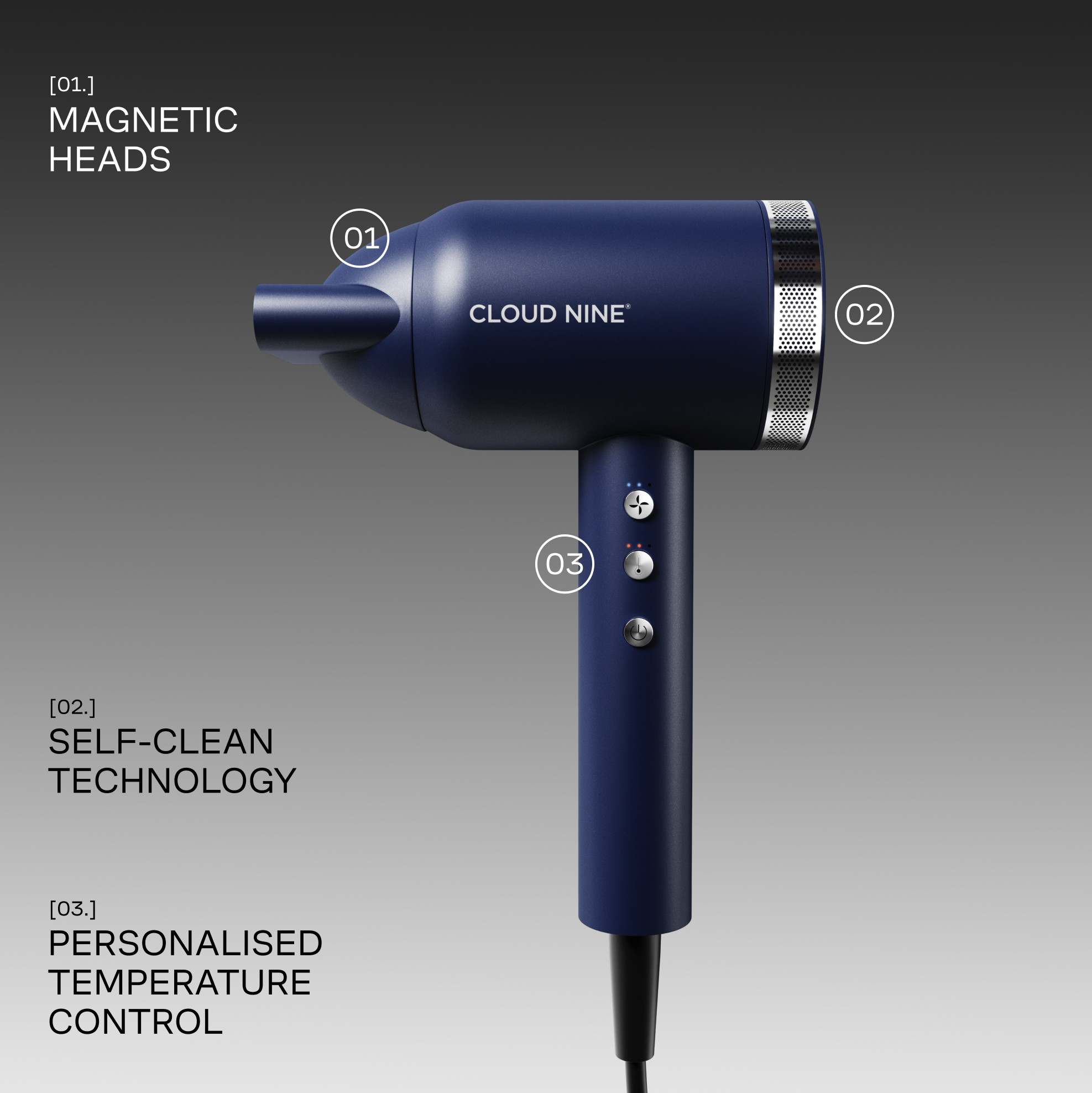 Close up of Cloud Nine Airshot Pro hair dryer in Midnight Blue - showing magnetic heads on the front of the dryer.