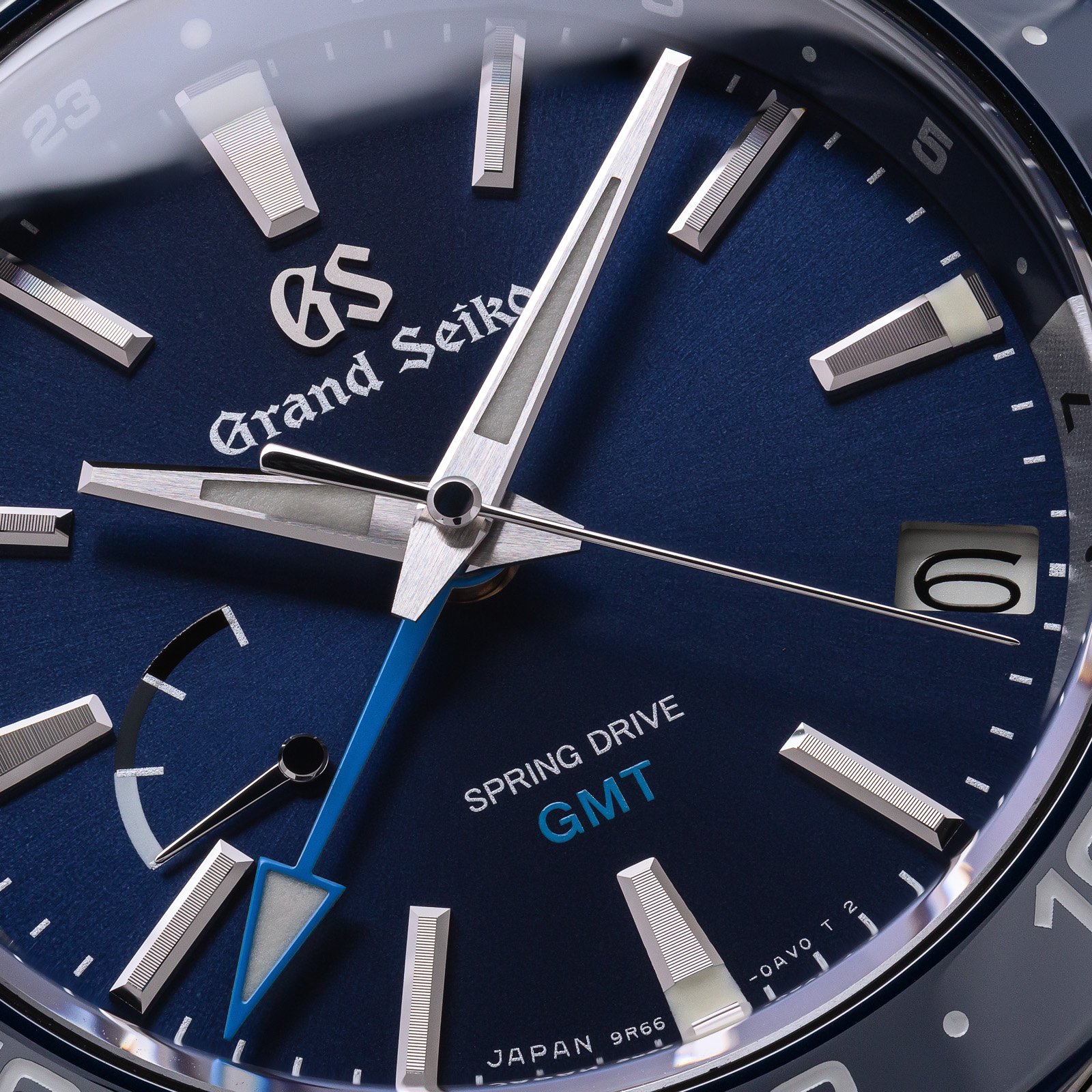 Grand Seiko SBGE255- macro of blue dial with light blue accents. 