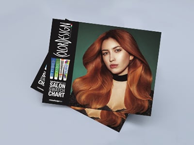 An image of a woman with long red hair, to the left it reads ColorDesign salon swatch chart