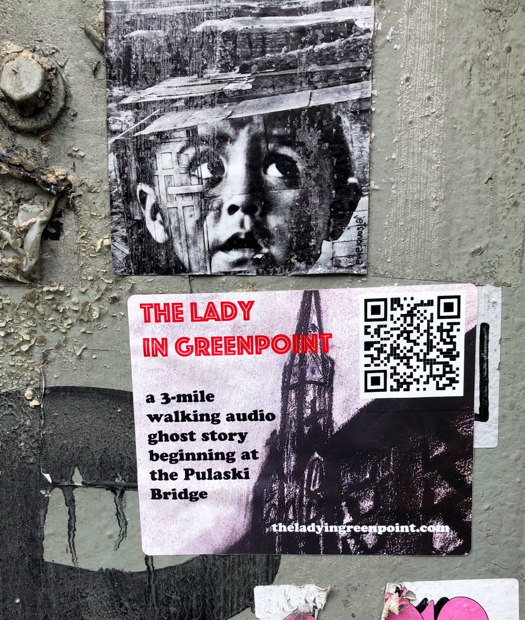 Plastered around Greenpoint and its surrounding neighborhoods, homemade stickers advertised the spookiest story set in Brooklyn. 