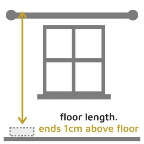 A graphic showing the correct drop for floor length made to measure pinch pleat curtains, 1cm above the floor.