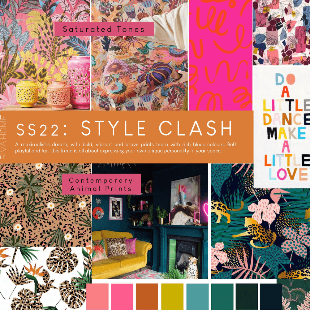 a moodboard with lots of bright colours and patterns, with the words ' style clash' on it.