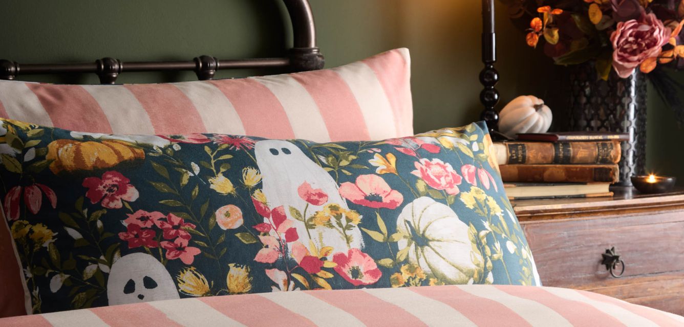 Floral ghost halloween duvet cover featuring reversible pink/cream stripes