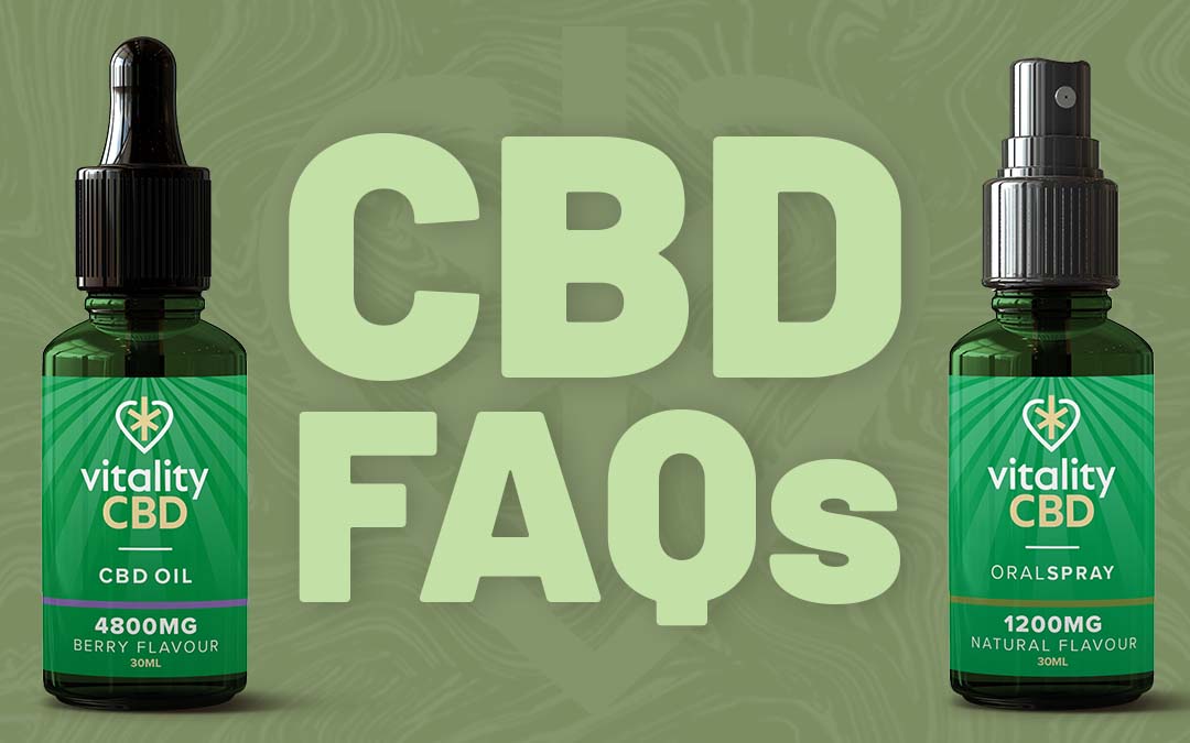 Bottles of CBD next to the title: CBD FAQS.