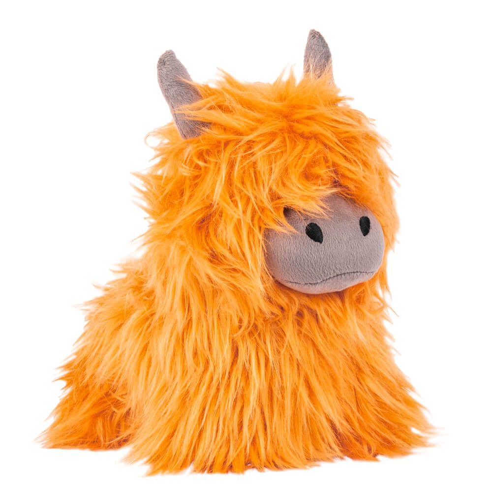 a fuzzy highland cow doorstop, with bright orange shaggy fur, a velvet snout and horns. 