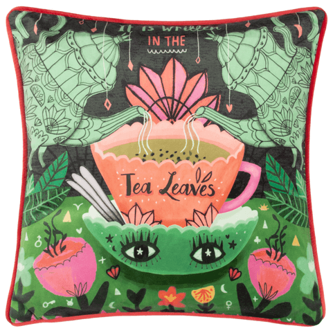 Tea Leaves Illustrated Cushion Green by Kate Merritt
