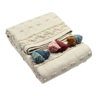 A boho-style throw with a tufted geometric design in a natural off-white shade, complete with tassel detailing in various pastel shades.