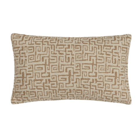 A beige and brown coloured rectangular cushion with a swirling abstract pattern.
