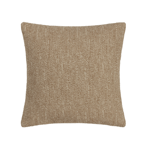 A square beige cushion with a woven mélange effect design.