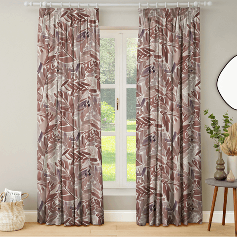 a set of floral-printed plum curtains opened up to reveal a garden landscape.