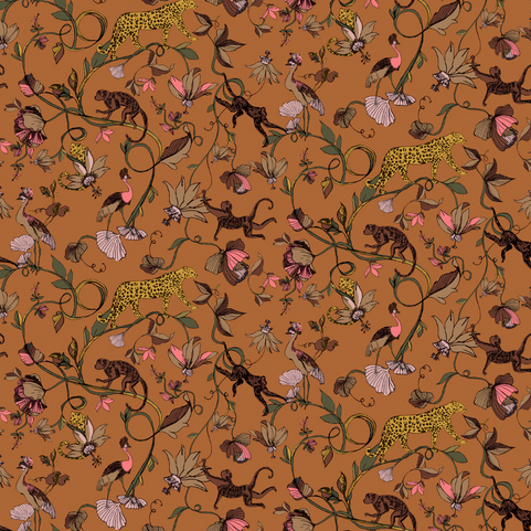 sienna orange wallpaper designed with wild animal illustrations and jungle foliage.