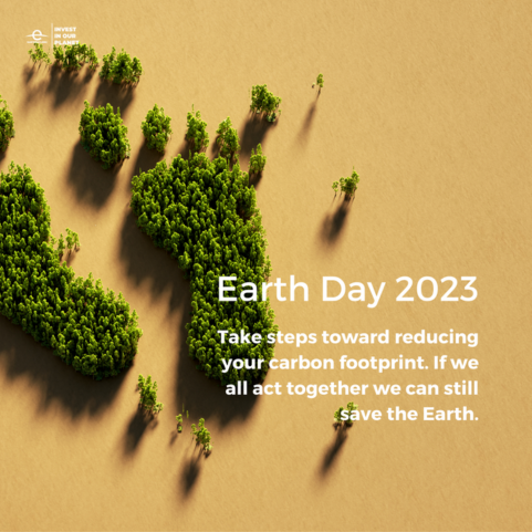 an earth day 2023 promotional poster of a foot-shaped woodland in water, taken from an aerial view. There is a text slogan.