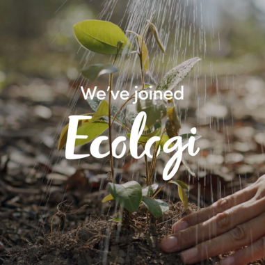 A promotional banner for a partnership between furn.com and Ecologi, showing a newly-planted tree being watered.