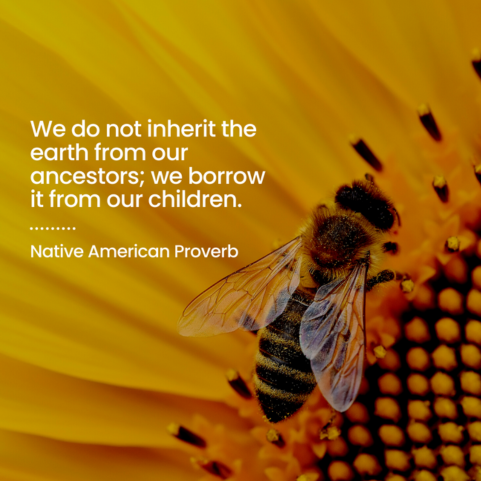 A promotional asset for Earth Day, showing a bee pollinating a yellow flower.