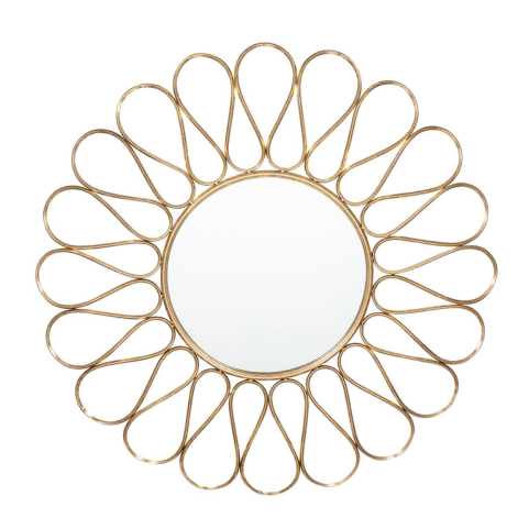 a gold mirror with a metal flower effect frame.