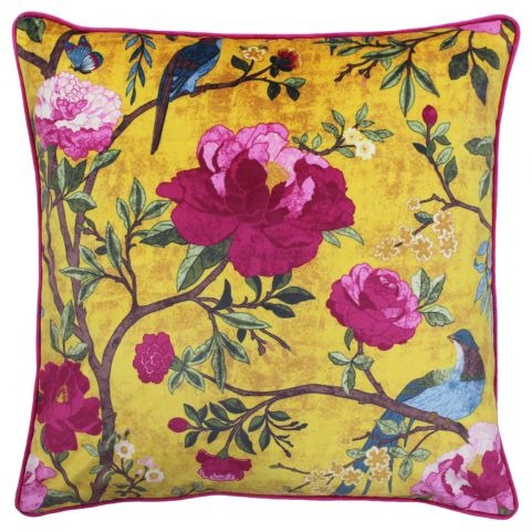 Gold chinoserie style patterned cushion with pink flowers and blue birds.