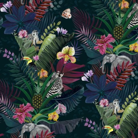 A tropical style wallpaper pattern with an abundance of florals and animals set on a dark black background