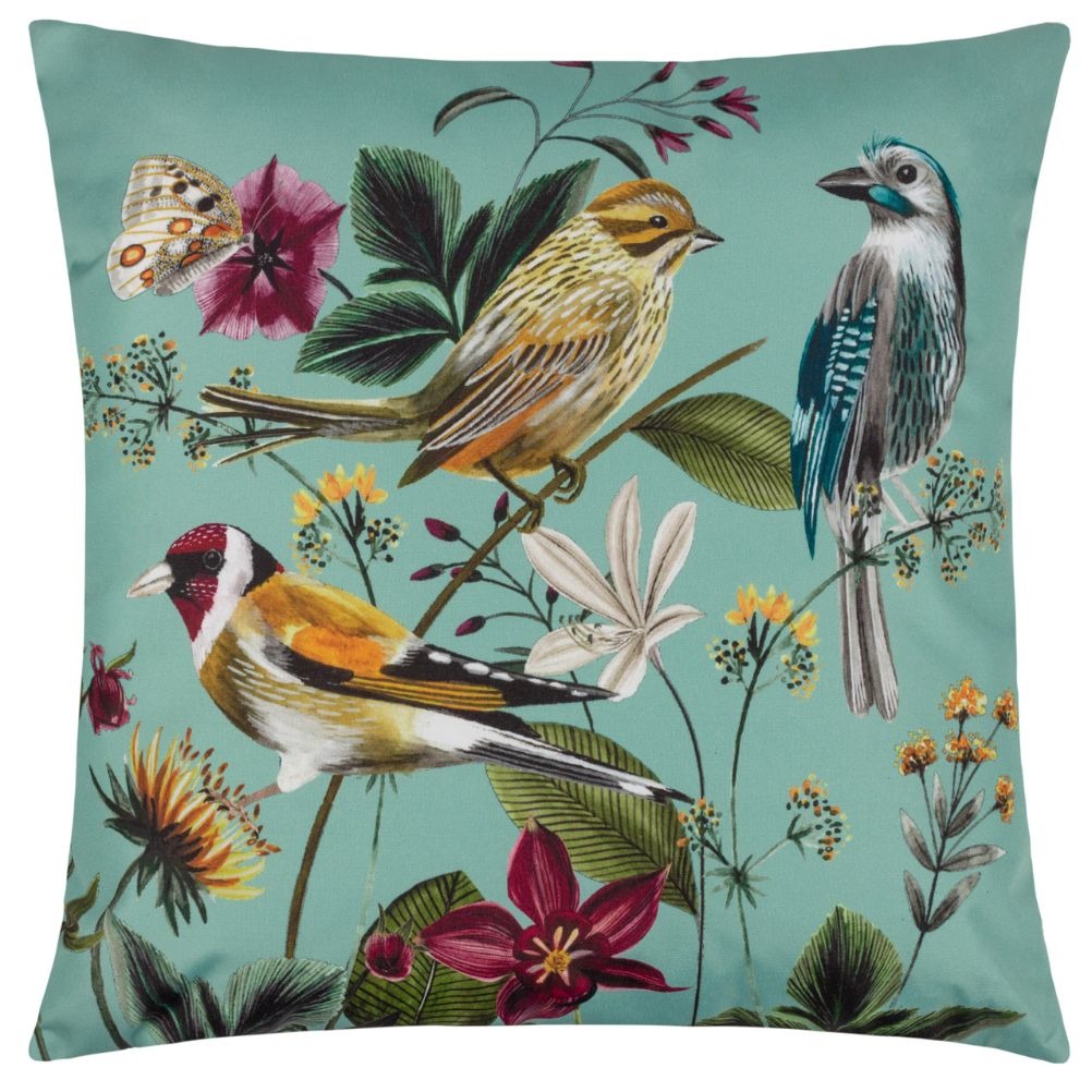 An outdoor cushion with an aqua background and illustrations of garden birds on.