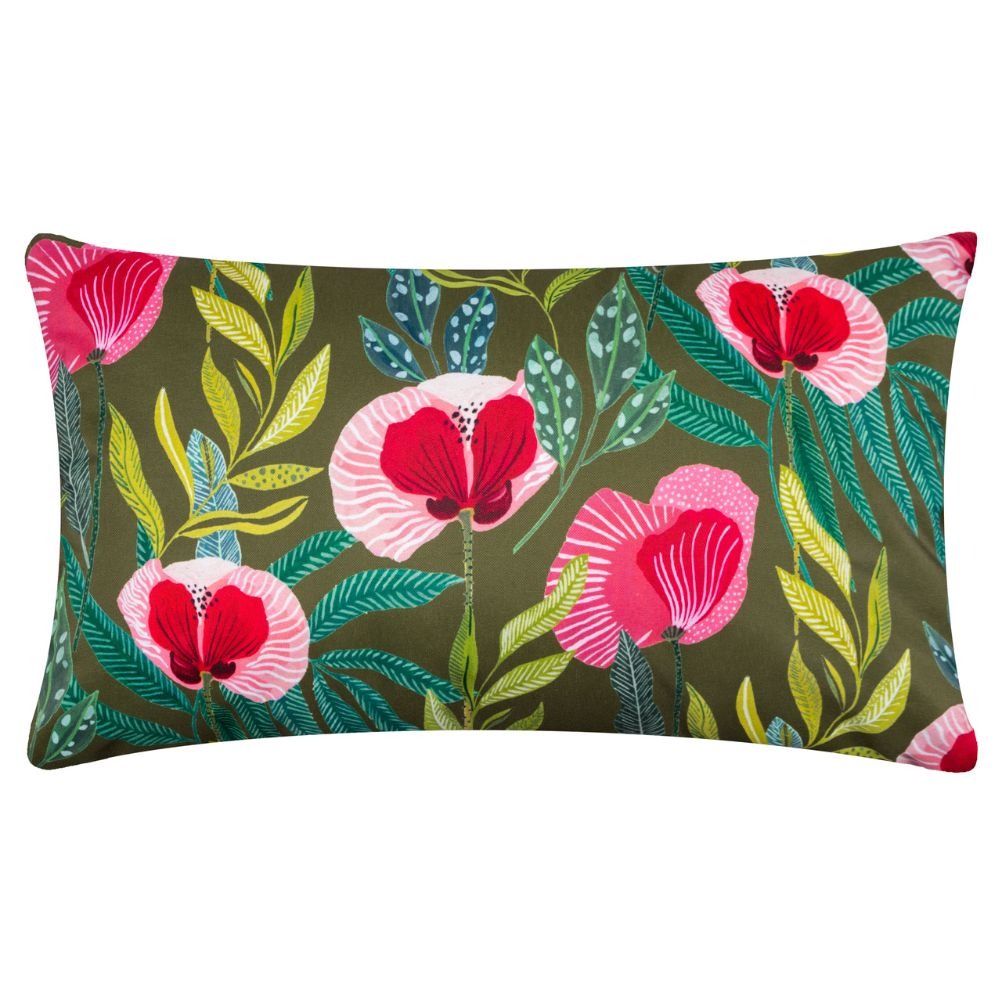 A vibrant floral outdoor cushion with a green background and bright pink poppies.