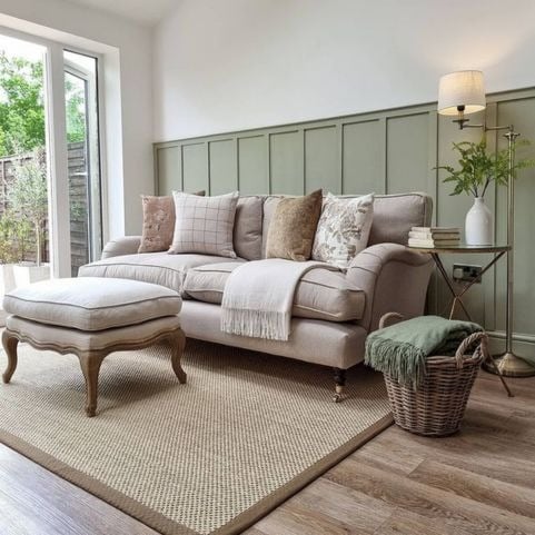A cream 3-seater sofa with four cushions, a neatly folded throw and a footstool. 
