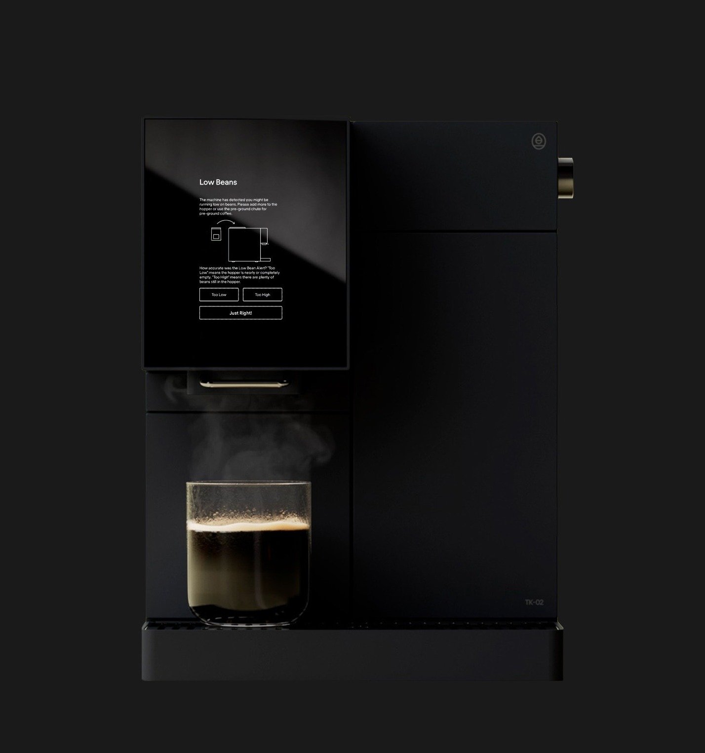 A black TK-02 espresso machine with the low bean alert present on the touch screen