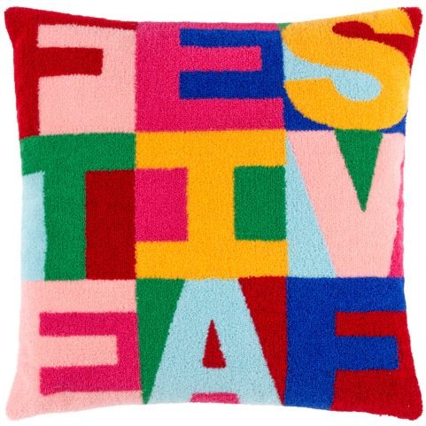 A festive, technicoloured cushion in a woven bouclé style, with woven lettering that reads 'festive af'.