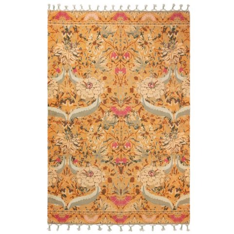 A yellow cotton rug with an intricate floral design and wrap-tasseled trim.