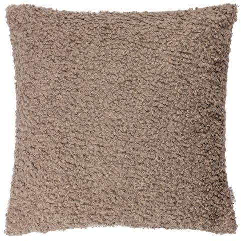 A taupe cushion with a textured, chunky bouclé knit design.