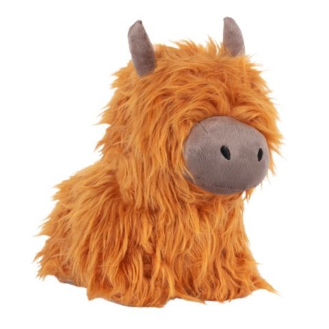 A novelty highland cow door stop in a bright orange shade, complete with a faux fur coat and brown velvet horns and snout.