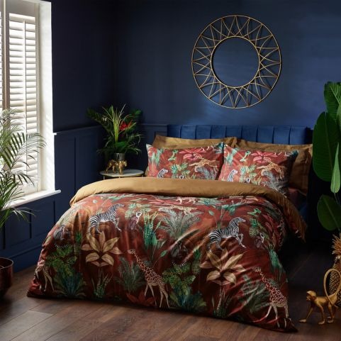 exotic animal velvet duvet cover set in bedroom with navy wall