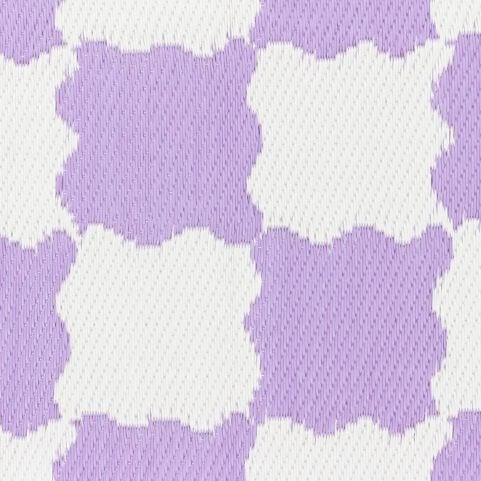 A closeup image of a recycled plastic outdoor rug with a lilac wavy check design.