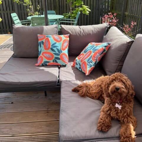 Two matching outdoor cushions with a bright papaya design, arranged on a grey outdoor sofa.