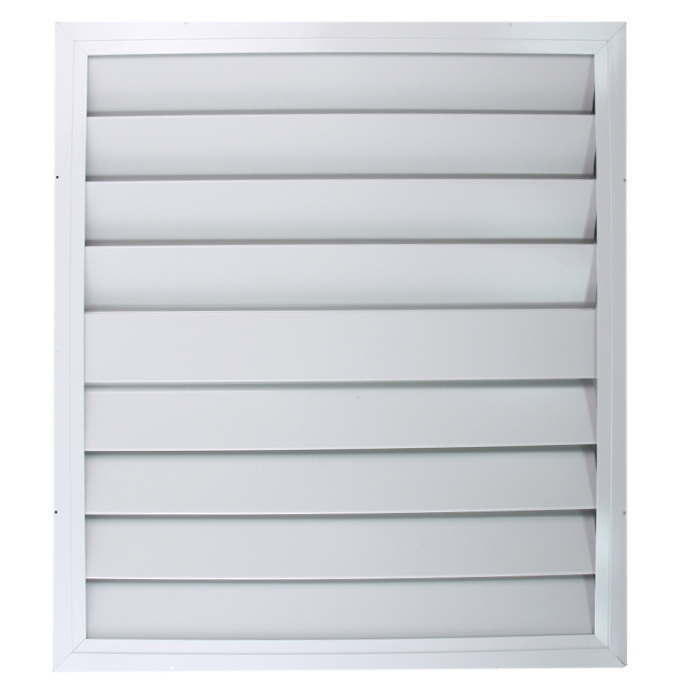 Front view of the automatic whole house fan shutter with white finish.