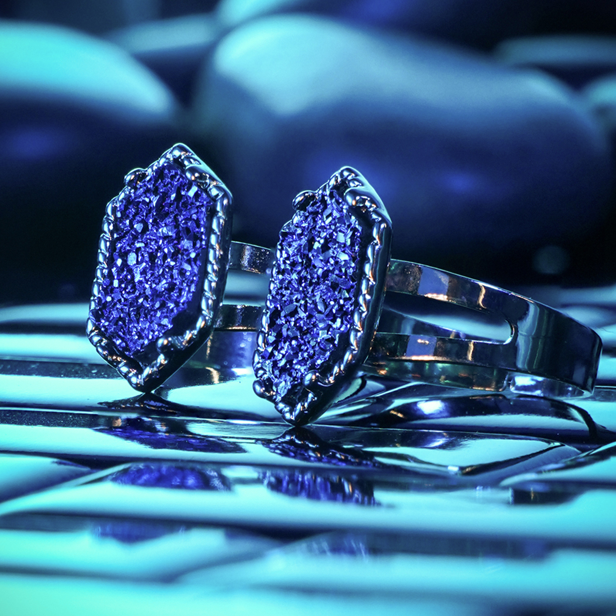 Custom Plugs - Blue & Gold Druzy Ring