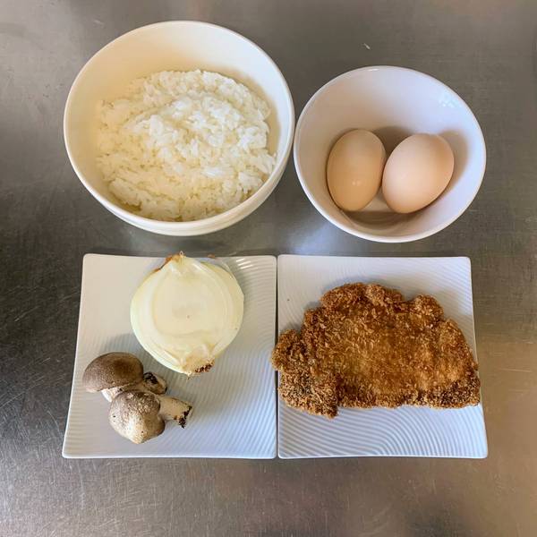 Tonkatsu, onions, shiitake mushrooms, and rice