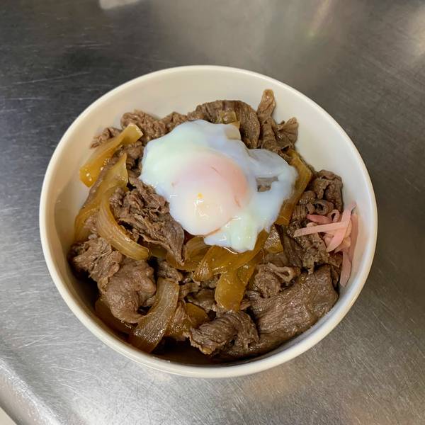Gyudon topped with onsen tamago