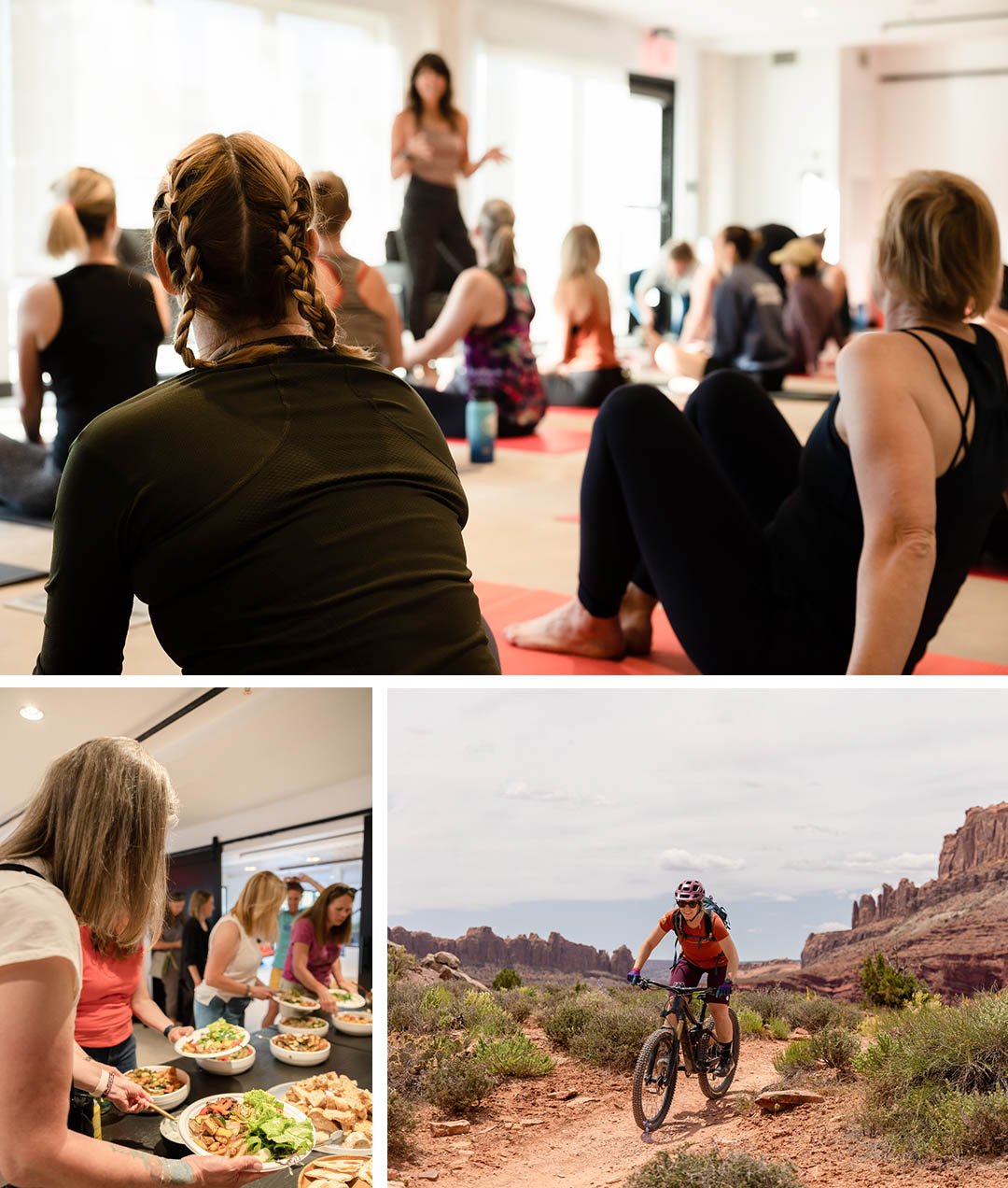 Collage of attendees at our retreats practicing yoga, filling plates at dinner and biking in Moab