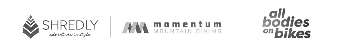 SHREDLY, Momentum Mountain Biking, and All Bodies on Bikes logos