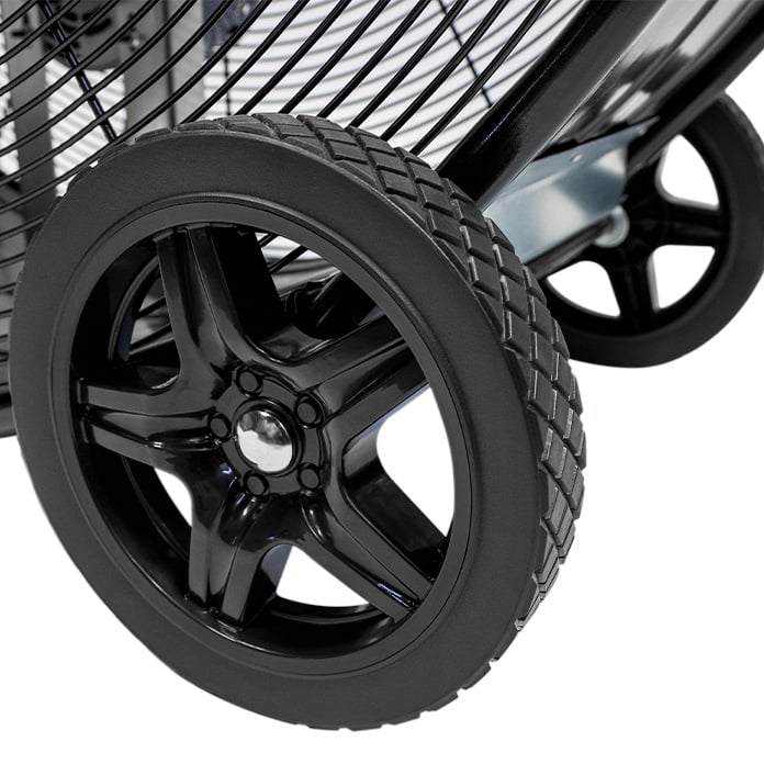 Close-up view of the 9 in. diamond tread wheels.