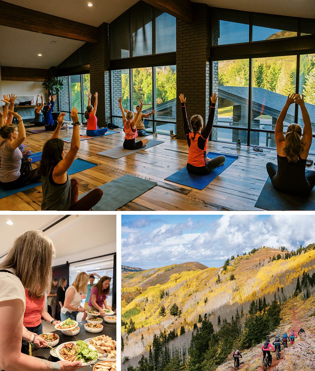 Group of three images including a yoga session, healthy food, and mountain biking in the fall