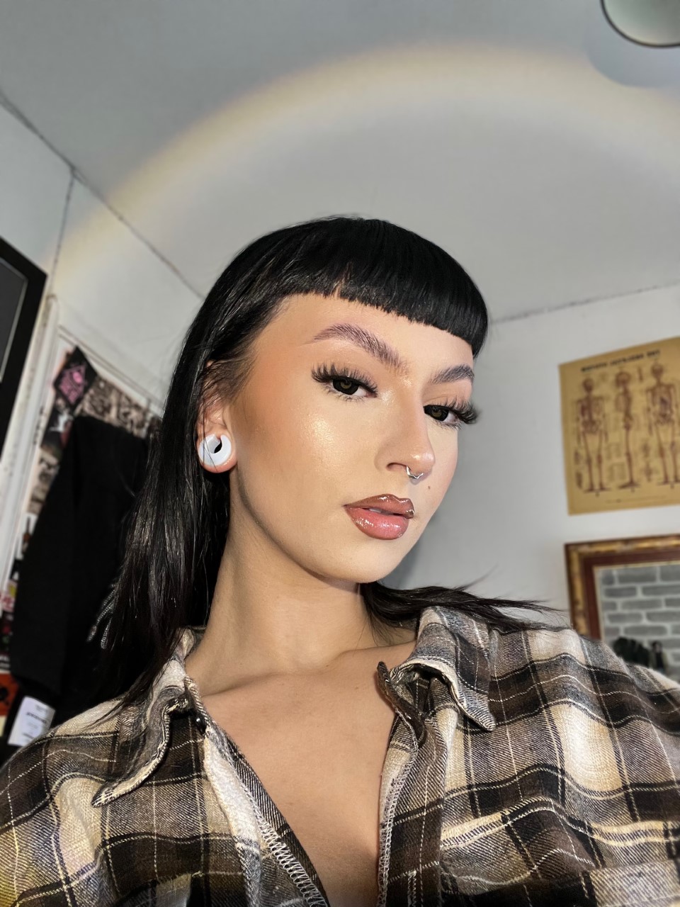 Girl wearing pretty Glass Opalite Saddle Plug / Gauge