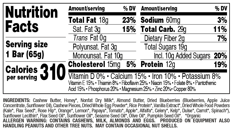 Blueberry Cashew nutritional information