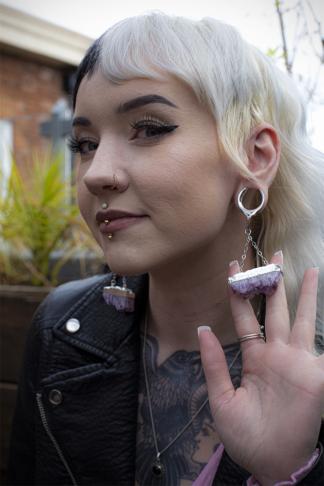 Female wearing cute  Amethyst & Silver Saddle Ear Weights (Pair)