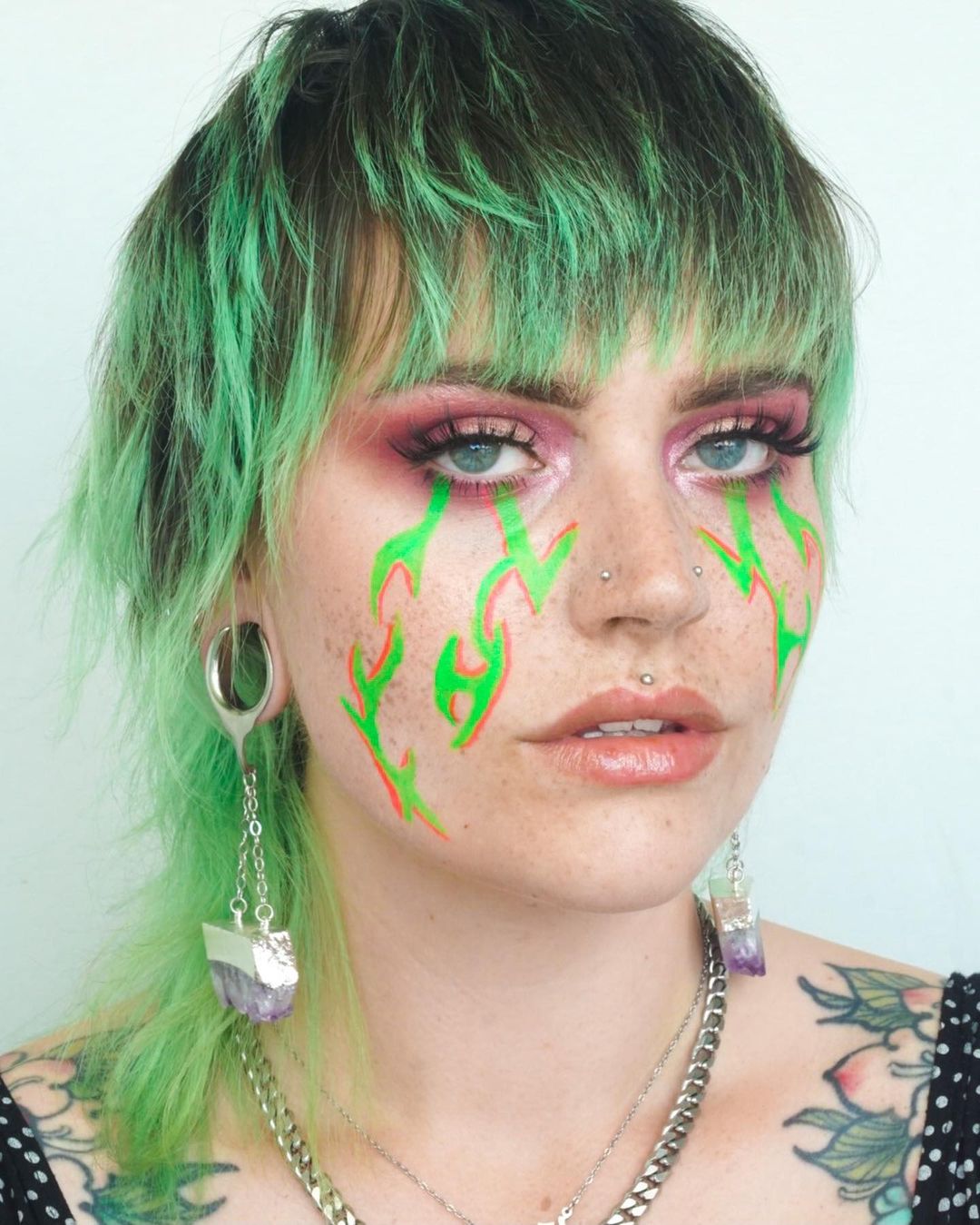 Female wearing punk  Amethyst & Silver Saddle Ear Weights (Pair)