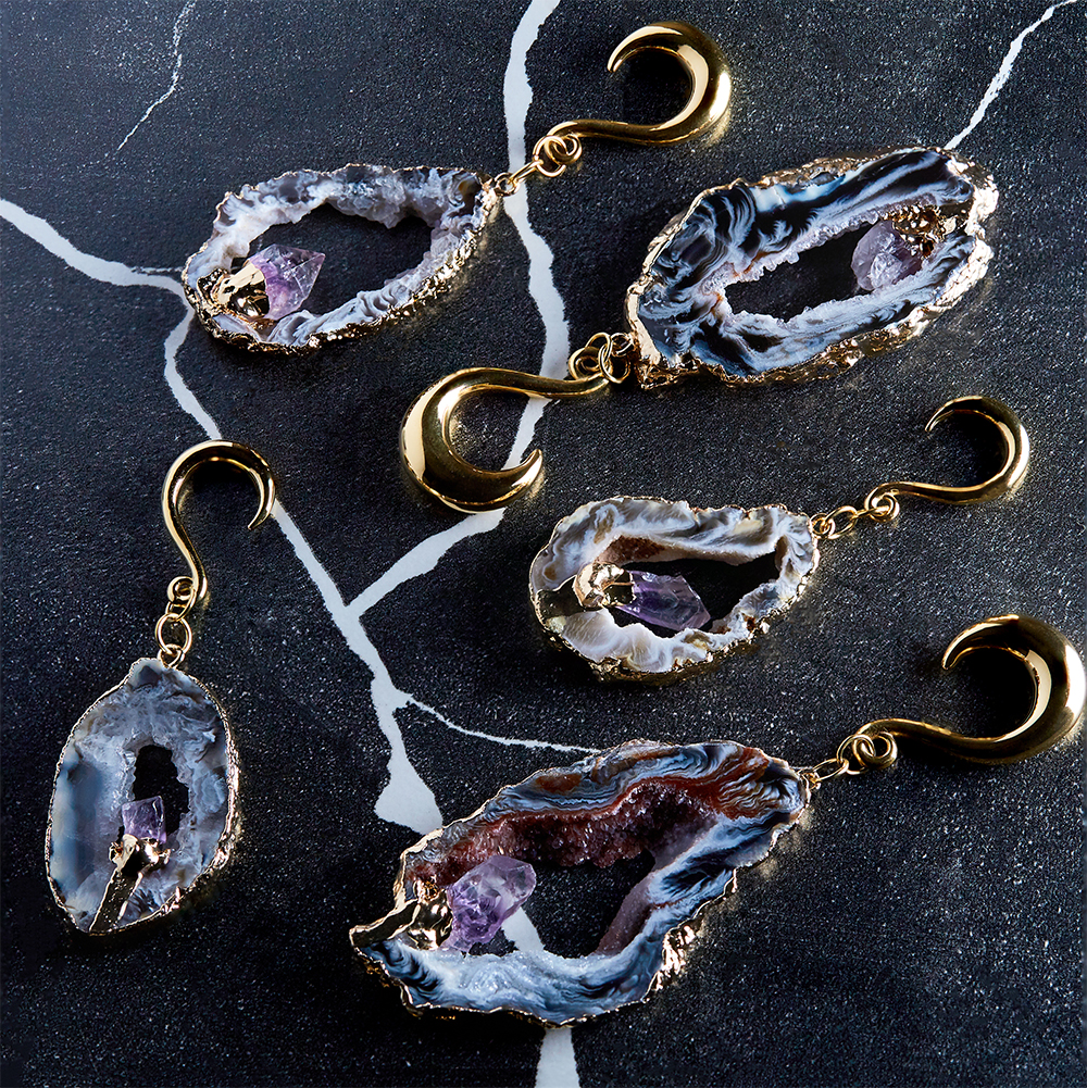 Different  Gold Hook Geode Slice Crystal Ear Weights (Pair)